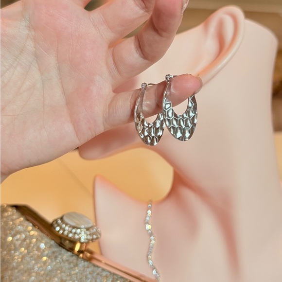 Elegant Silver Textured Hoop Earrings - Picture 9 of 11